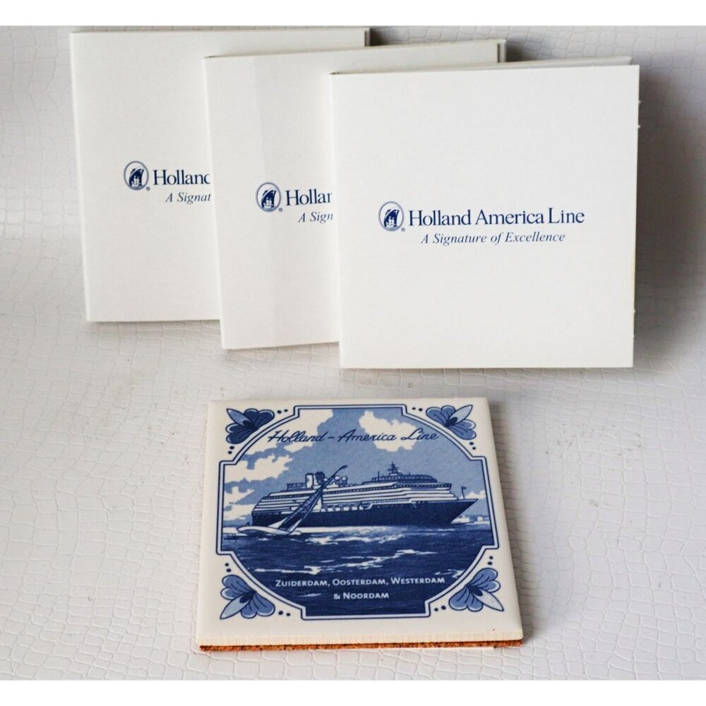 4 Holland America Cruise Line Zuiderdam Ship Delft Blue Ceramic Tile Coasters